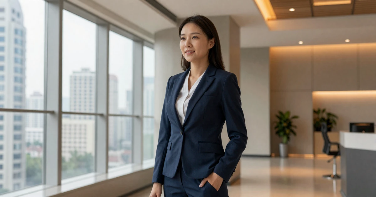 Female cardiologist in an elegant blazer standing in a modern hotel lobby