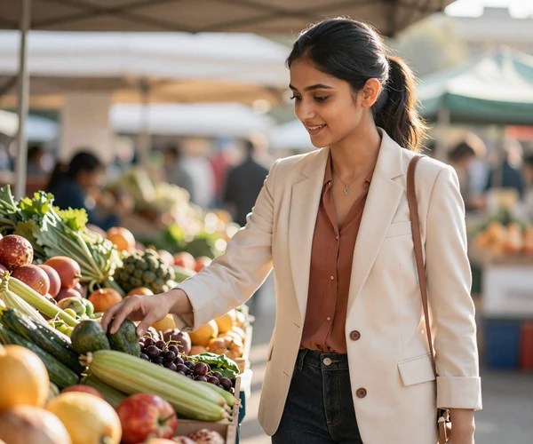 Female gastroenterologist shopping for fresh produce at a farmers market