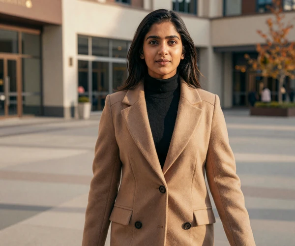 Female otolaryngologist in a camel coat walking through a sunny urban plaza