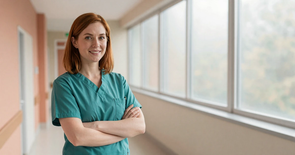 Confident female nurse anesthetist standing in a modern hospital corridor