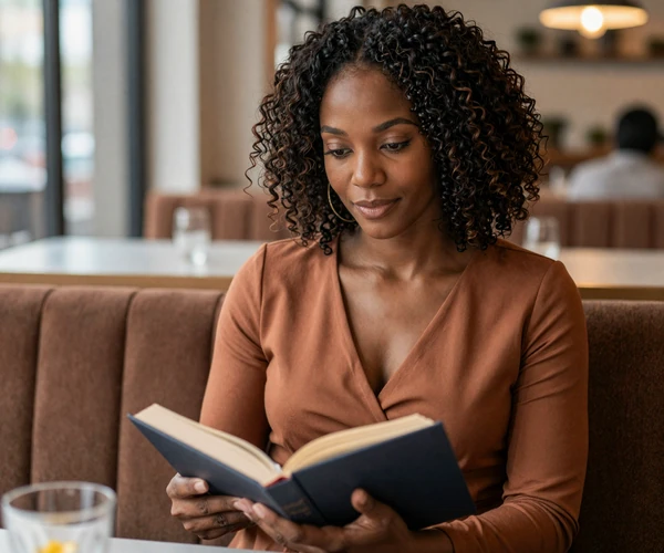 Female licensed practical nurse reading a book in an upscale restaurant booth