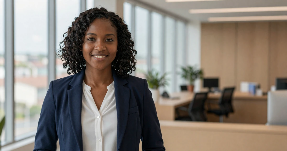 Female nurse practitioner smiling confidently in a bright modern office