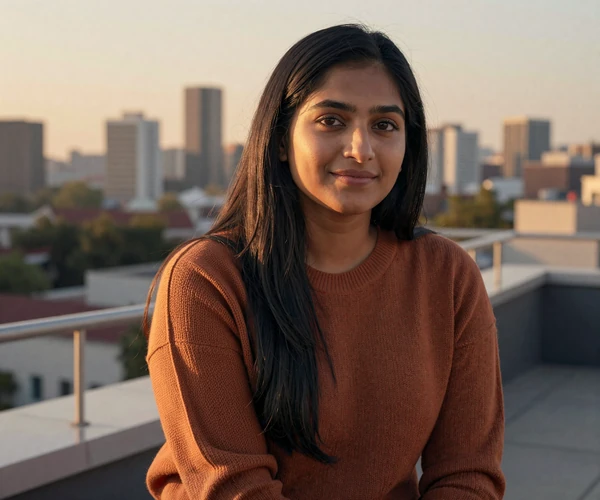 Female nurse relaxing on a city rooftop terrace at sunset