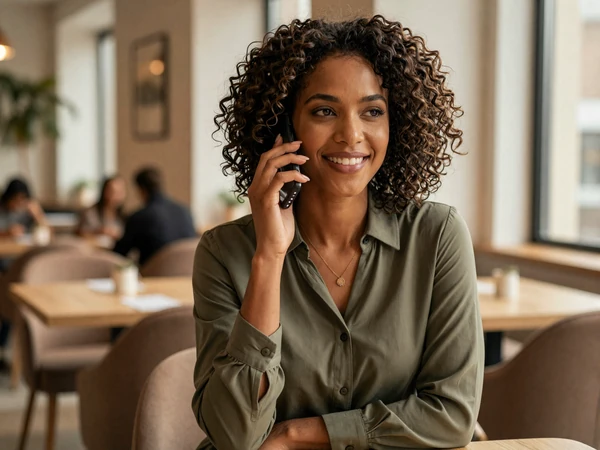 Black medical assistant talking on the phone in an upscale cafe
