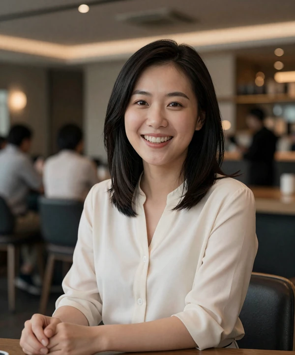 Female doctor laughing candidly at a modern restaurant bar in warm lighting