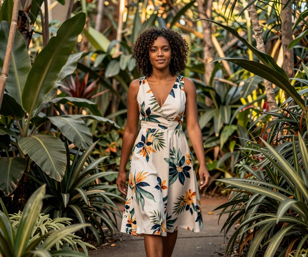 Female obstetrician walking through a botanical garden in a floral dress