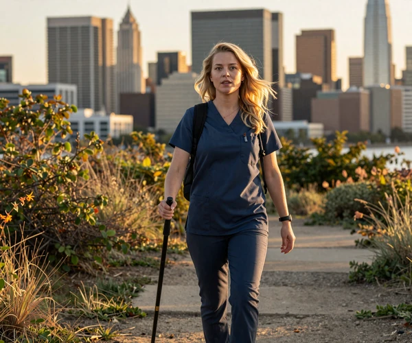 Female orthopedic surgeon hiking on a scenic urban trail in smart casual attire