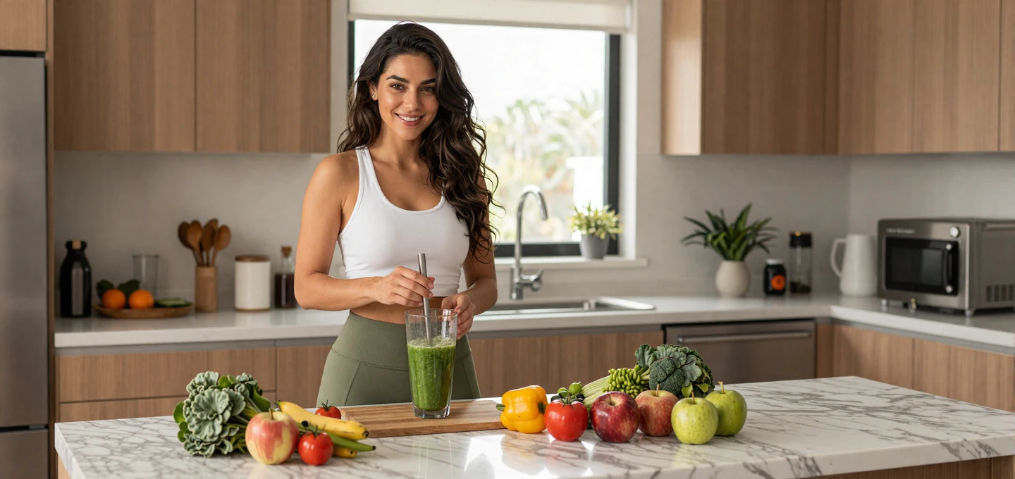 Confident female gastroenterologist preparing a healthy smoothie in a modern kitchen