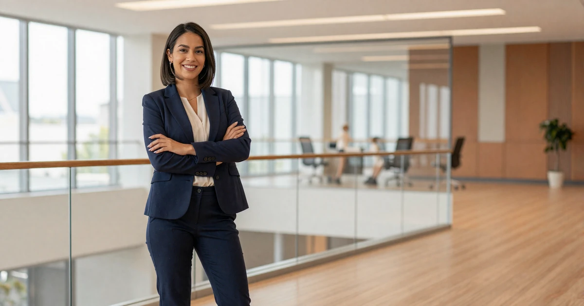 Confident female urologist standing in a modern medical conference hall