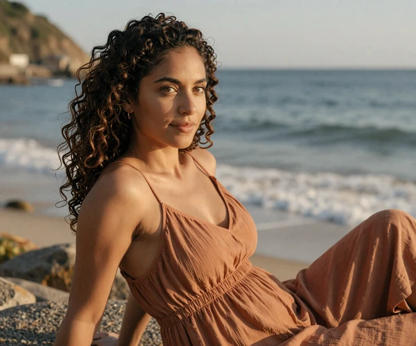 Female pediatrician relaxing at a coastal weekend destination during golden hour