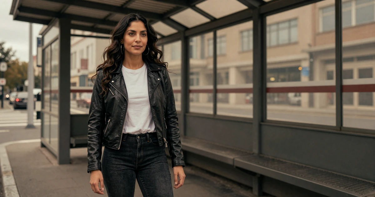 Confident female paramedic in a leather jacket standing near an urban transit station
