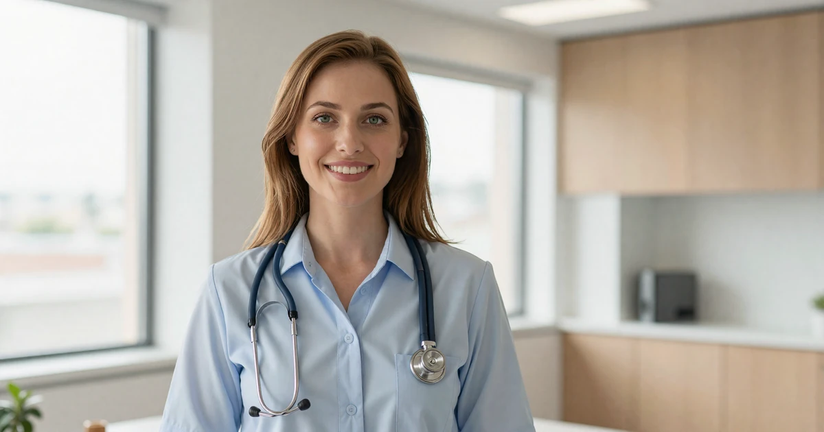 Female internist smiling in a modern private clinic with natural lighting
