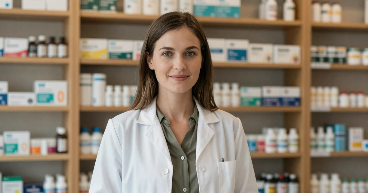 Confident female pharmacist in a white coat over smart casual clothes standing in a modern pharmacy