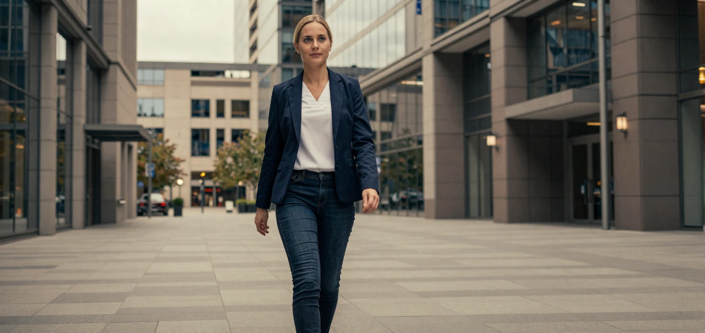Confident female surgical nurse in a blazer walking through a modern city plaza
