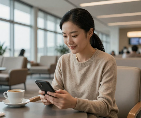 Female urologist enjoying coffee at an airport lounge between conferences