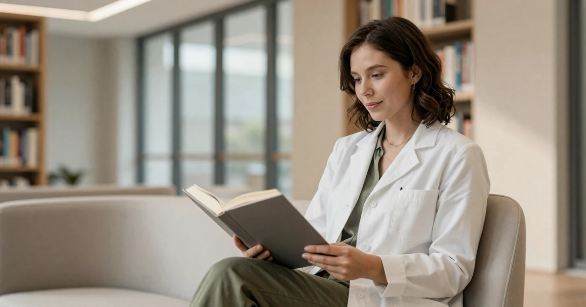 Female neurologist reading in a modern library with warm natural light