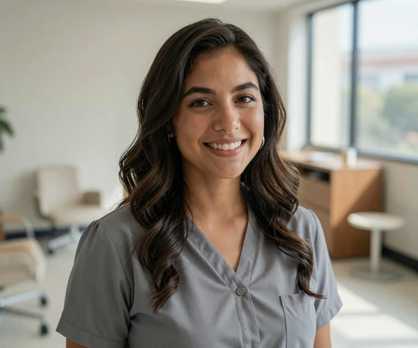 Female nurse midwife smiling in a bright modern clinic waiting area