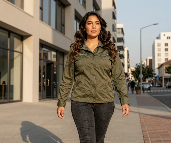 Female nurse walking confidently on a sunny city street in smart casual attire