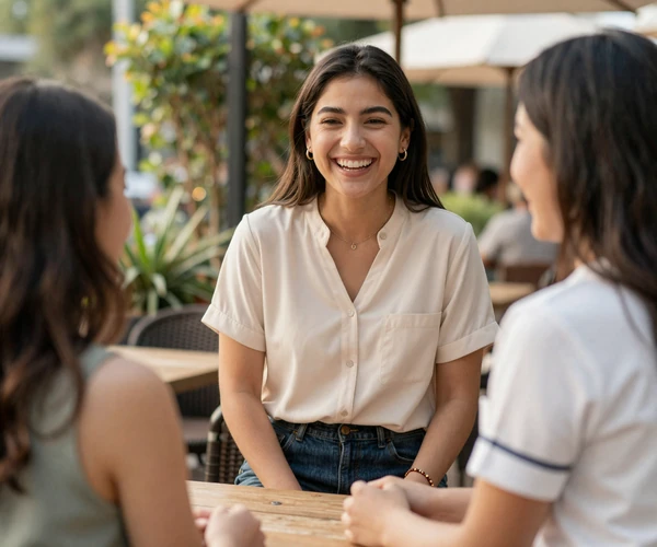 Female emergency nurse laughing with a friend at an outdoor cafe in smart casual wear