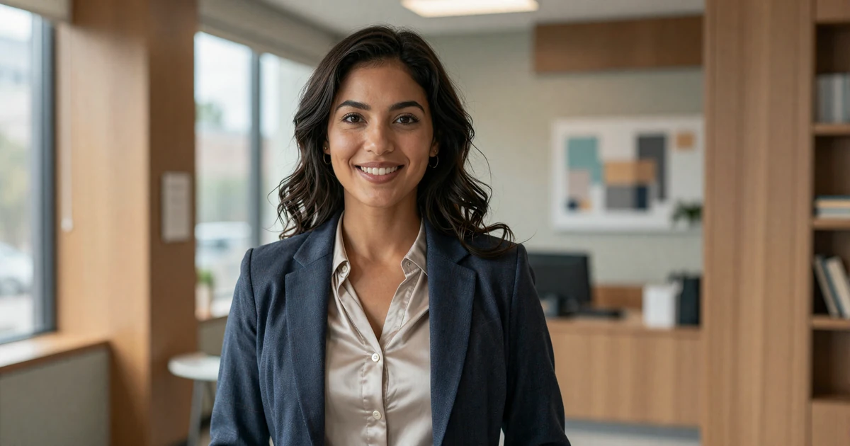 Female obstetrician smiling in a sunlit private clinic lobby