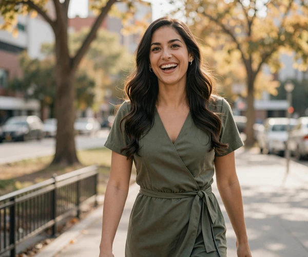 Female pediatrician enjoying a walk through a city park on a golden autumn afternoon