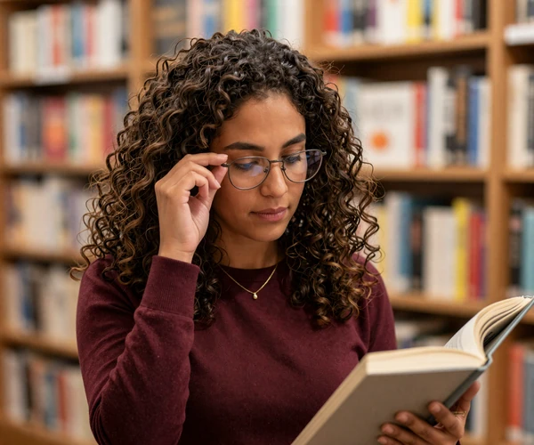 Female radiology tech adjusting her glasses while browsing books in a bookstore