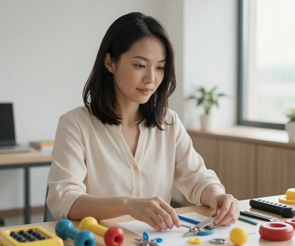 Female occupational therapist organizing rehabilitation tools in a bright modern office