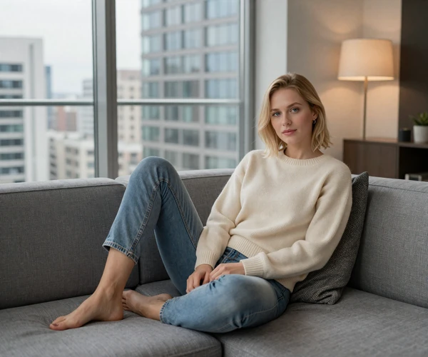 Young medical assistant relaxing on a modern sofa in a luxury apartment