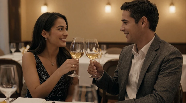 Happy couple toasting with wine at an upscale restaurant, the woman is a doctor in a chic outfit