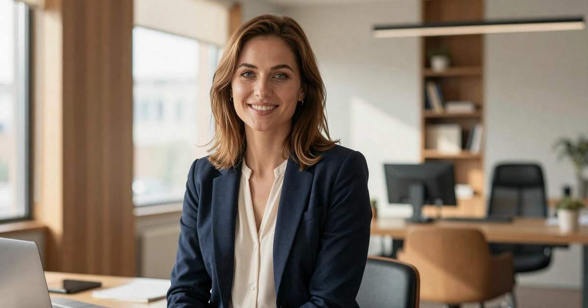 Female otolaryngologist in a navy blazer relaxing in a bright modern office