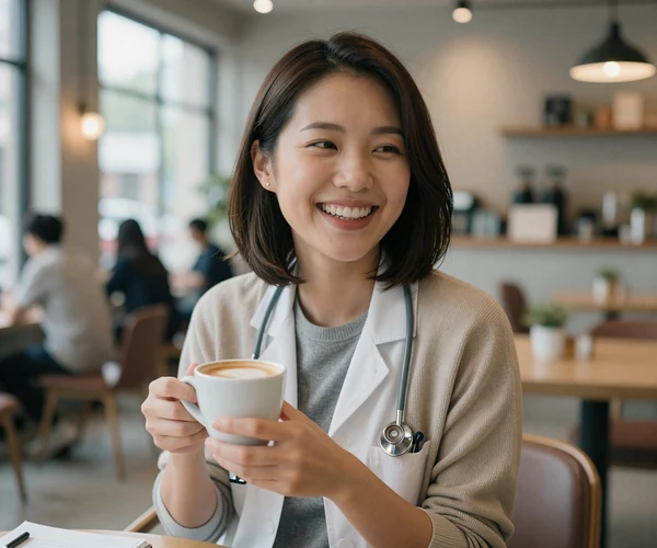 Female ER doctor laughing in a modern coffee shop during her day off