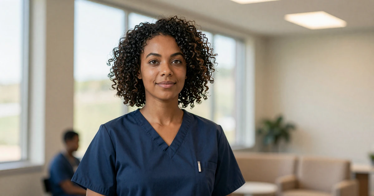 Confident female critical care nurse in scrubs standing in a bright modern ICU break room