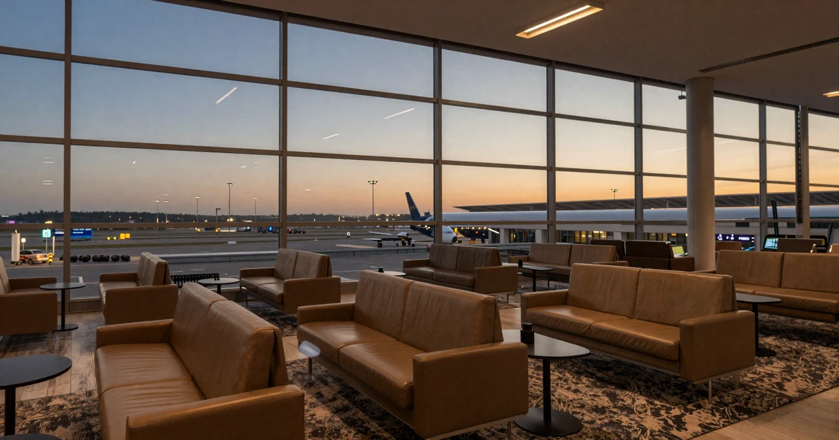 Modern airport lounge at dusk with warm lighting and large windows