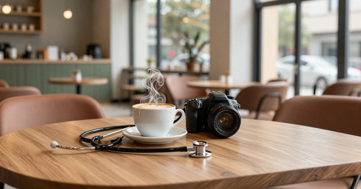 Stethoscope and coffee on a modern cafe table in warm morning light