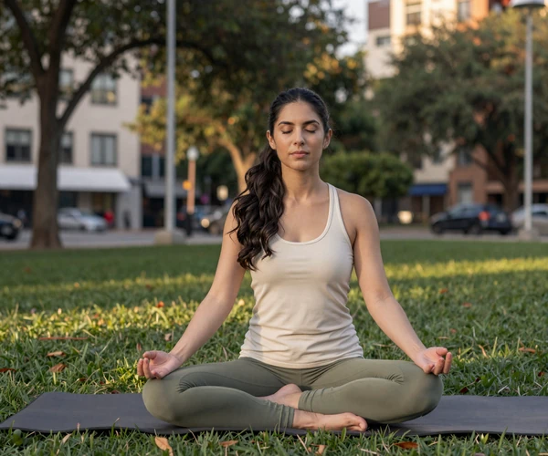 Female endocrinologist practicing yoga meditation in a serene urban park at golden hour