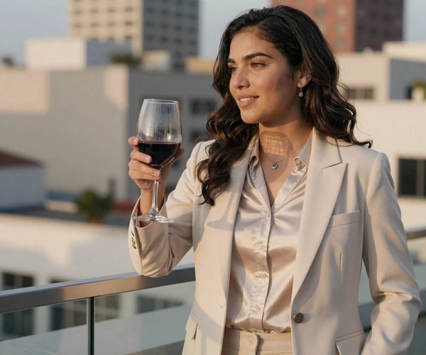 Female nurse anesthetist enjoying wine on a city rooftop at golden hour