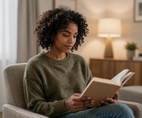 Female nephrologist reading in a cozy armchair on a quiet evening