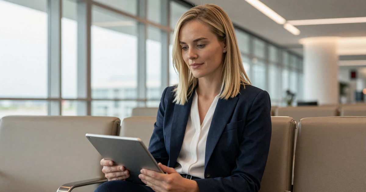 Female anesthesiologist relaxing in a modern airport lounge between assignments