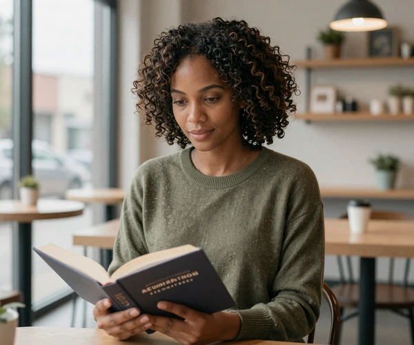 Female nurse reading a book in a modern coffee shop
