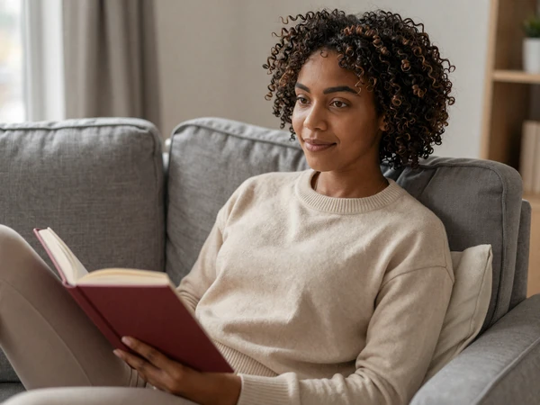 Female medical resident relaxing on a sofa with a book during a rare day off