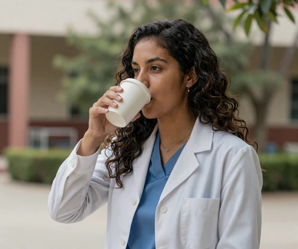 Latina respiratory therapist drinking coffee in a hospital courtyard