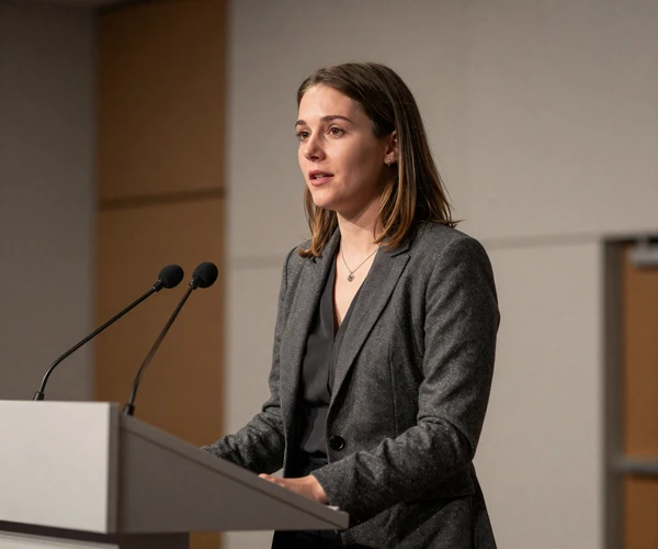 Female cardiologist presenting at a medical conference