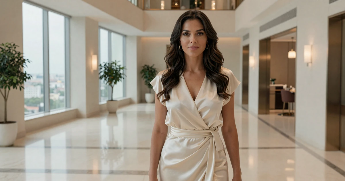 Female plastic surgeon in an elegant dress standing in a modern luxury clinic lobby