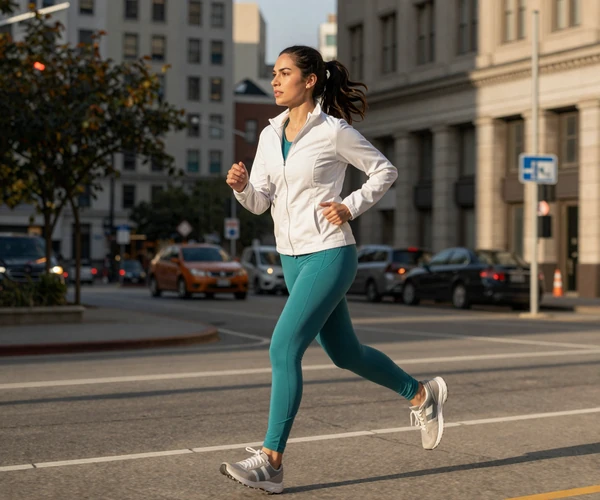 Female critical care nurse running on a city street in athletic wear