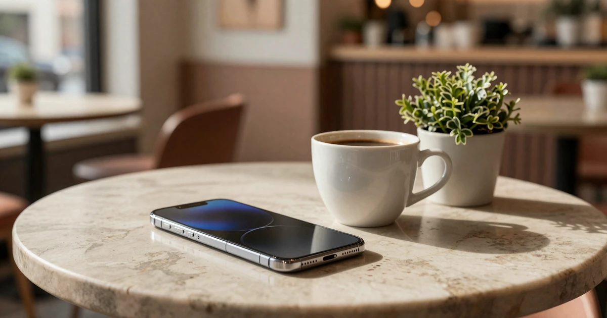 Smartphone and coffee cup on a marble cafe table in warm morning light