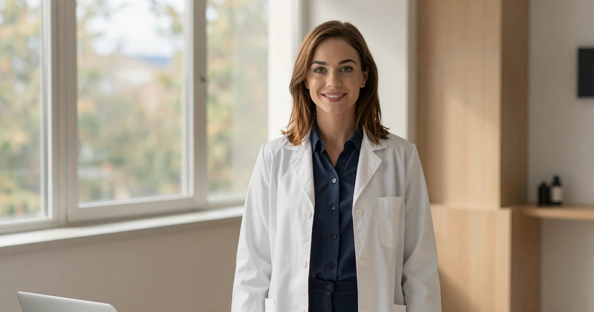 Female ophthalmologist smiling confidently in a bright private eye clinic