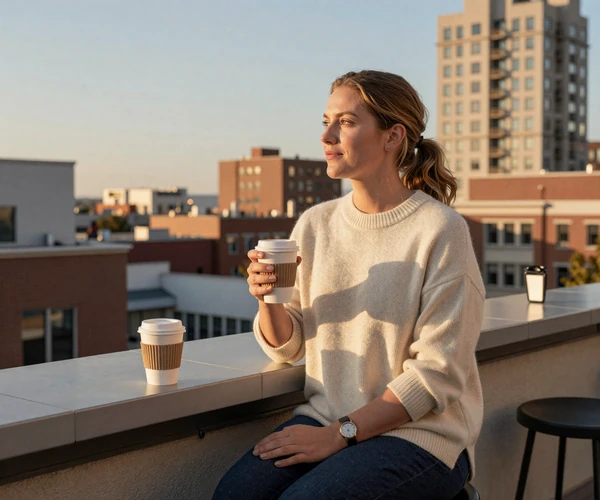 Female physician assistant relaxing on a city rooftop at sunset