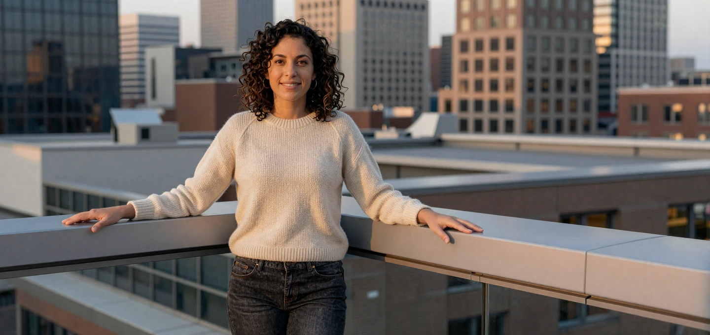 Confident female oncologist standing on a city rooftop at dusk in a warm sweater