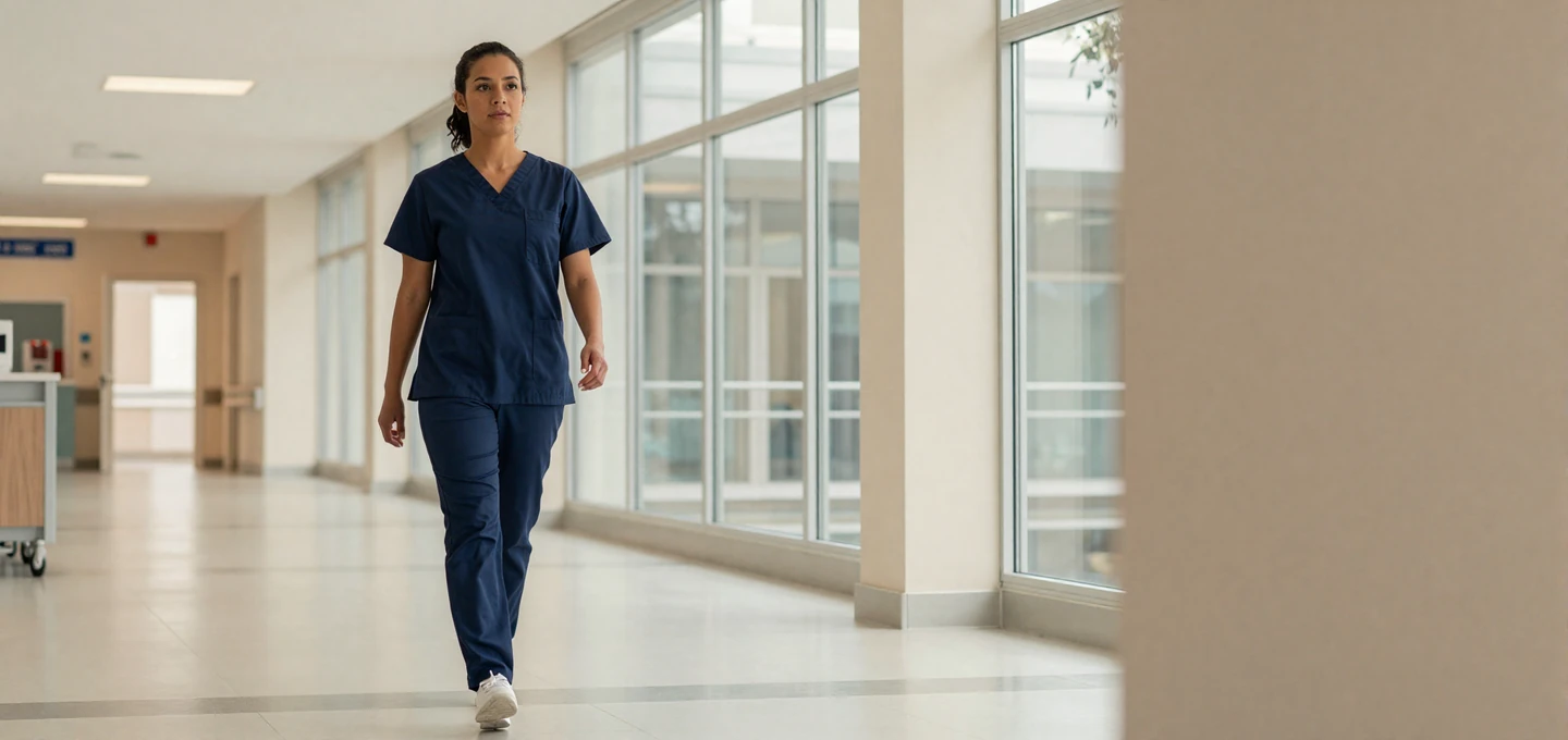 Confident female emergency nurse in scrubs walking briskly through a modern hospital lobby