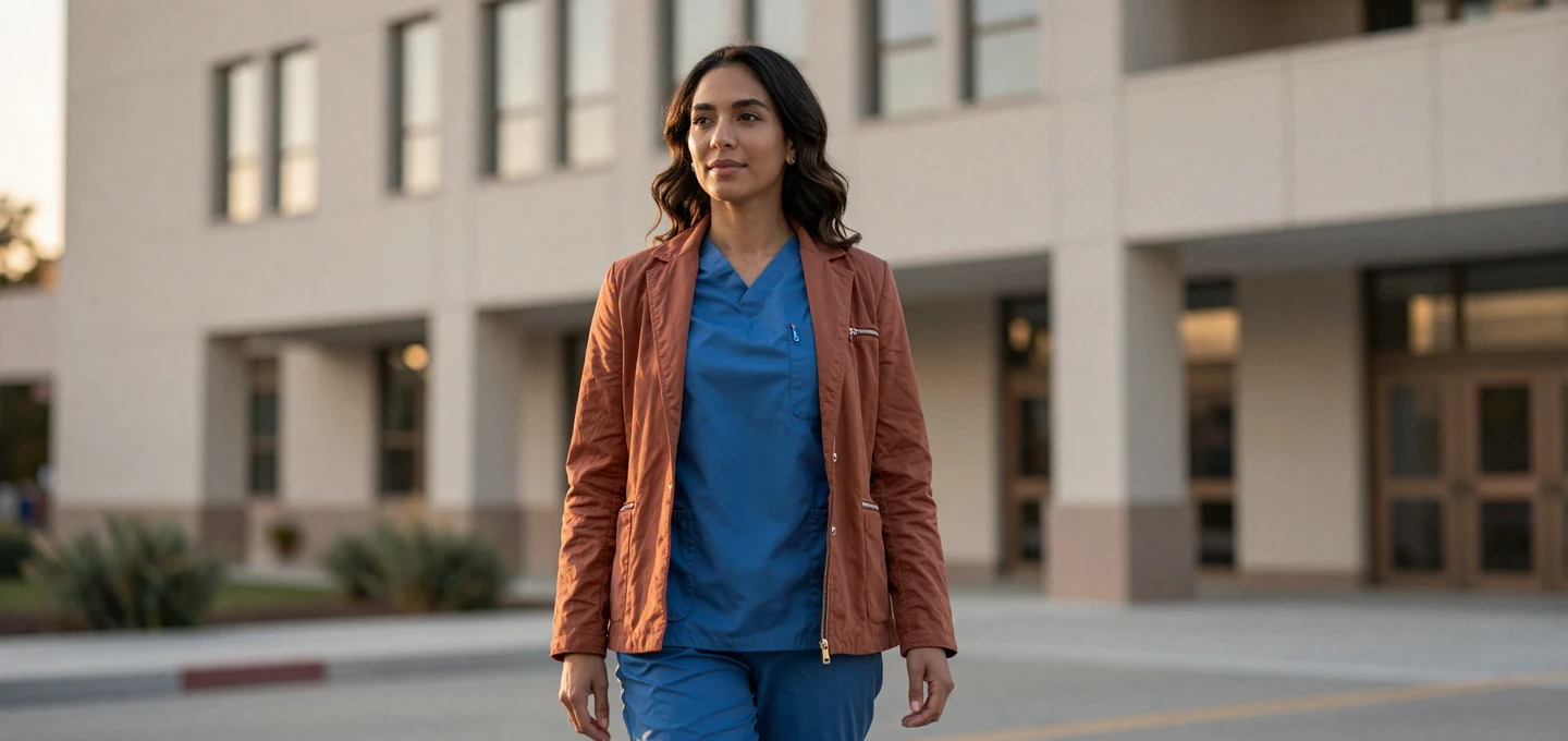 Female pulmonologist standing outside a modern hospital at dawn in scrubs and a warm jacket